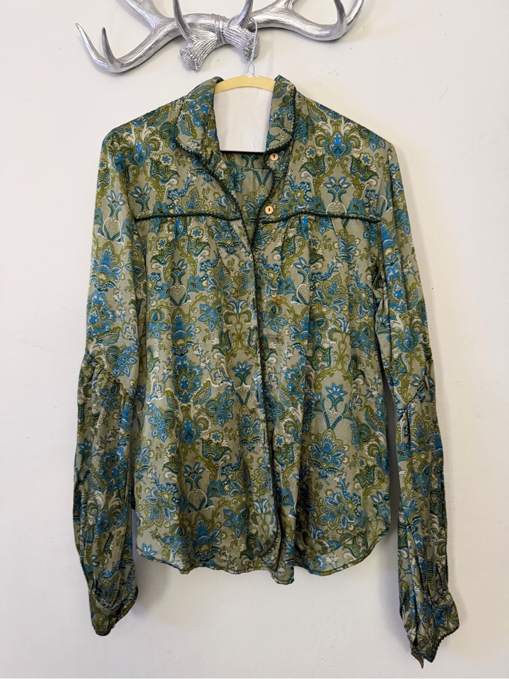 Chasing Unicorns Dark Sweet Lady Silk Blouse Green Blue Paisley Gorgeous HTF - Picture 2 of 6